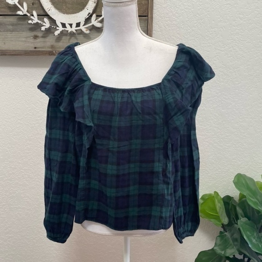 J.‎ Crew Factory blue green plaid ruffle cotton blouse size M NWT